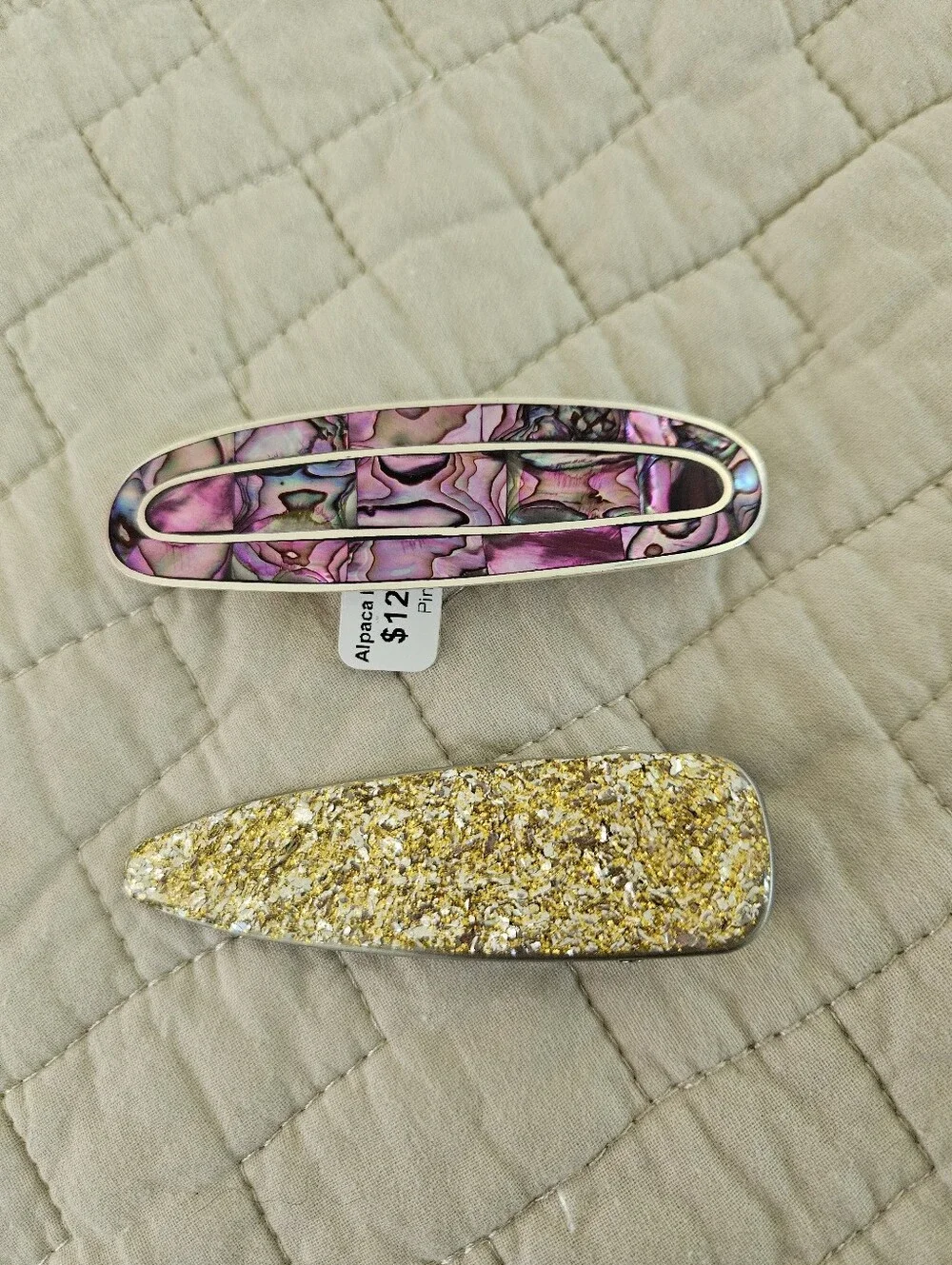 Lot Of 2 Hair Clips, Barettes. Gold Glitter Rose Opal